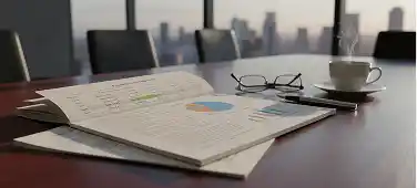 A conference table with a financial report, a pair of glasses, a pen, and a cup of coffee, with a city skyline in the background.