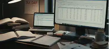 A cluttered desk with two computer screens displaying spreadsheets, a laptop, notebooks, and office supplies. A calendar indicates "TAX DAY."
